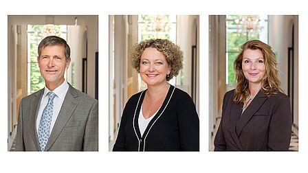 Samengestelde groepsfoto met portretten van wethouders Rob Scholte, Thessa van der Windt en Tine van Heerikhuize